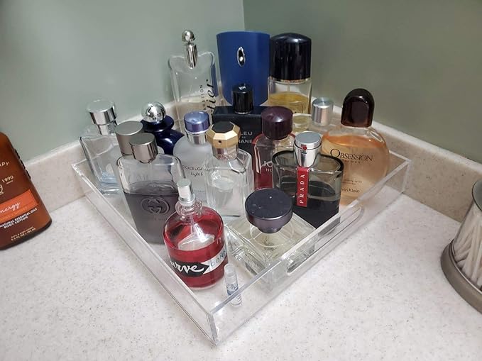 Durable Rectangular Breakfast Serving Tray - 5MM Thick Waterproof Acrylic Serving Platter with Handles for Coffee, Tea, Food - Elegant Decorative Tray (Clear Tray-16''x12'')