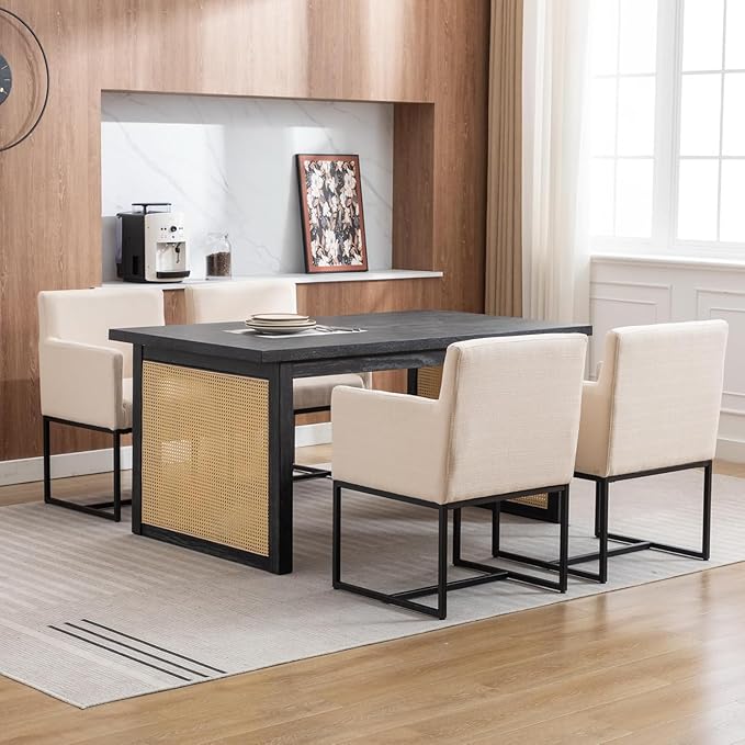 Linen Upholstered Dining Chairs with Arms Set of 4 Mid Century Modern Accent Chairs Armchairs with Black Metal Frame, Modern Kitchen & Dining Room Chairs, Cream