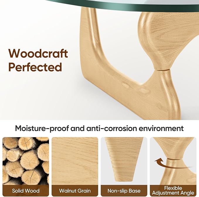 Triangle Glass Coffee Table with Solid Wood Base, 0.8'' Thick Clear Glass Top, 51'' Width Mid Century Modern Coffee Table for Living Room Bedroom Reception (Original Wood)