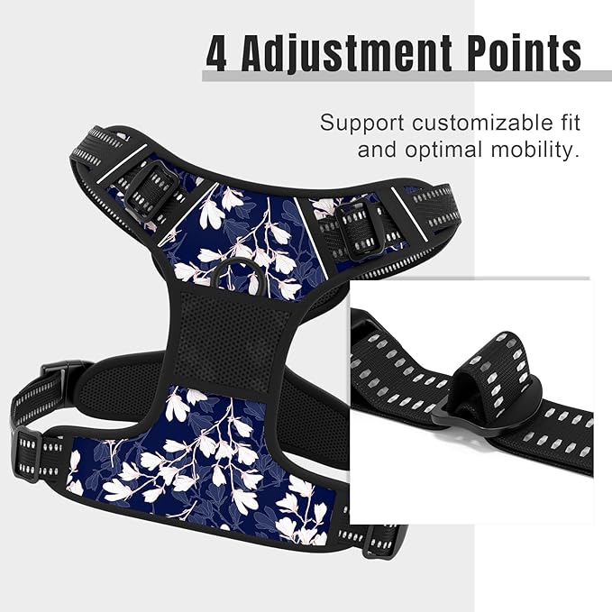 Rnivvi No Pull Dog Harness, Cute Flower Reflective Medium Sized Puppy Harness, Adjustable Soft Padded Vest for Medium Dogs, Heavy Duty Pet Vest with Easy Control Handle for Walking, Blue White