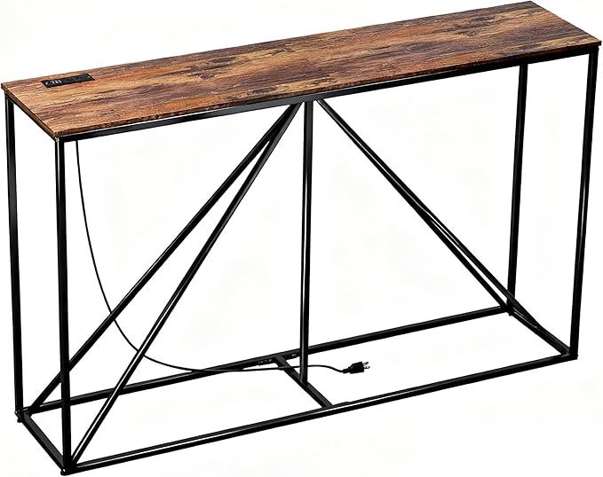 Console Table, 51" W × 12" D × 31.5" H Sofa Table Behind Couch, Entryway Table with Electrical Outlet & USB Ports, Industrial Pyramid Metal Base Console Table for Entryway, Rustic Brown