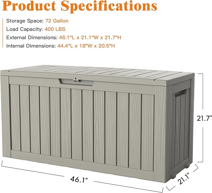 72 Gallon Outdoor Storage Box, Waterproof Deck Box with Handles and Lockable Lid, Resin Patio Storage Box with Hydraulic Rods for Garden Tools, Cushions, Grey