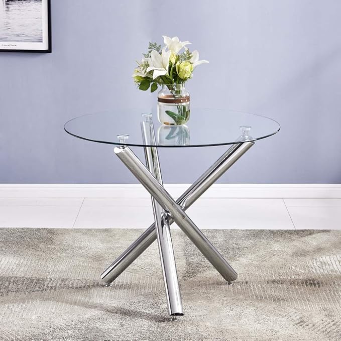 36" Round Dining Table for 4, Modern Clear Glass Kitchen Table for 4 with Silver Cross Metal Legs, Contemporary Small Circle Dining Room Leisure Tables for Kitchen Apartment