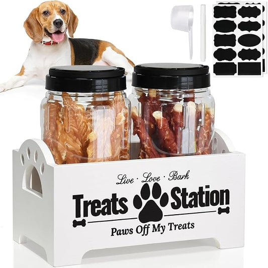 Dog Treat Container Dog Food Container for Dog Food Storage, Farmhouse Cat Food Container Pet Food Storage Organizer, Wood Dog Treat Holder with 2 Plastic Cat Dog Treat Jars, White Cat Treat Container