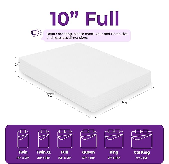 GAESTE 10 Inch Full Cooling Gel Memory Foam Medium Firm Mattress Breathable Pressure Relief CertiPUR-US Certified Foam, Mattress-in-a-Box for Kids and Adults No Fiberglass (Full, 10 in)