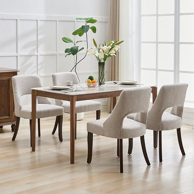 UVV Wooden Dining Chairs Set of 2, Mid Century Modern Upholstered Dining Room Chair Kitchen Chairs, Chenille Dinner Chair with Solid Wood Legs for Kitchen Dining Room, Light Grey-Chenille