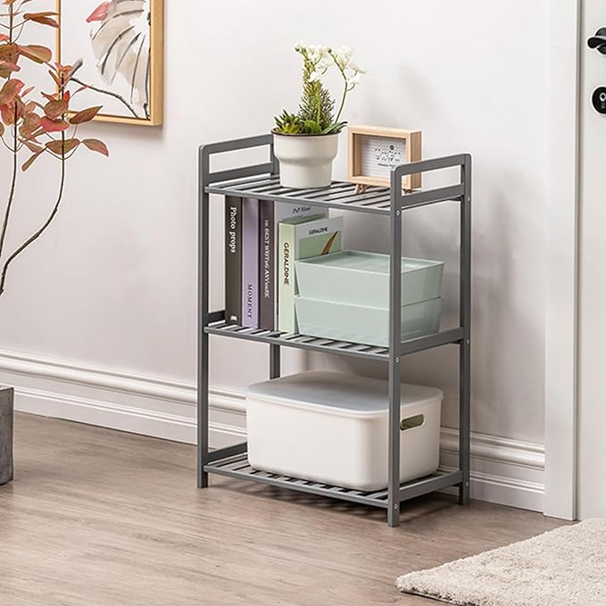 Bamboo Shelf, 4-Tier Bookcase Storage Shelves, Small Book Rack Shelving Unit, Multipurpose Storage Display Shelf for Bathroom Kitchen Living Room Office (3-Tier Grey-20.08in)
