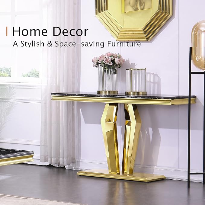 Asday Modern Console Sofa Table for Entryway, Black and Gold Console Table Narrow Long Hallway Tables for Living Room Office