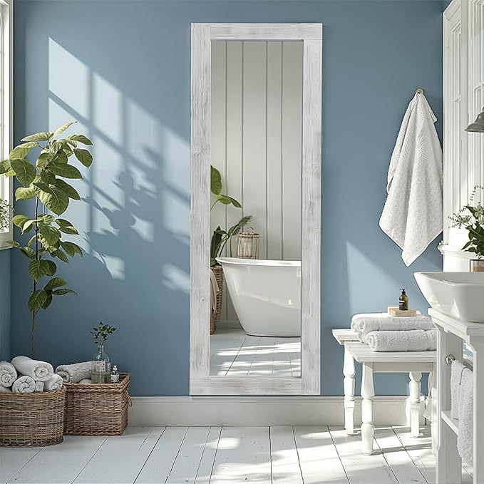 Rustic Standing Full Length Mirror Wood Frame, 56"X21" Farmhouse Floor Mirror for Bedroom Living Room Entryway, Hanging or Leaning Wall-Mounted Full Body Mirror, Tempered Glass, White