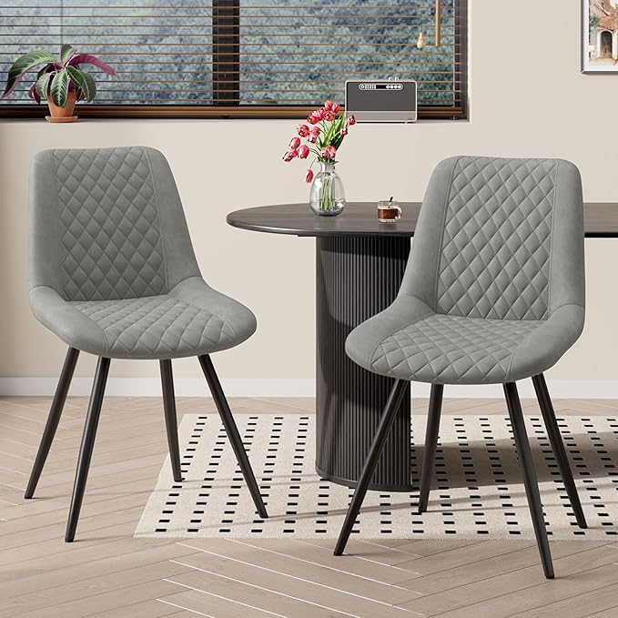 Modern Dining Chairs Set of 2, Top PU Leather Upholstered Dining Room Chairs with Metal Legs, Ergonomic Kitchen Chairs for Kitchen Dinning Room, Grey