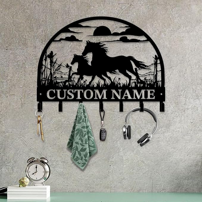 Custom Horse Key Hook - Personalized Forged Iron Wall Keys Holder with Equestrian Design, Black Metal Home Decor for Horse Theme Lovers (Style B)