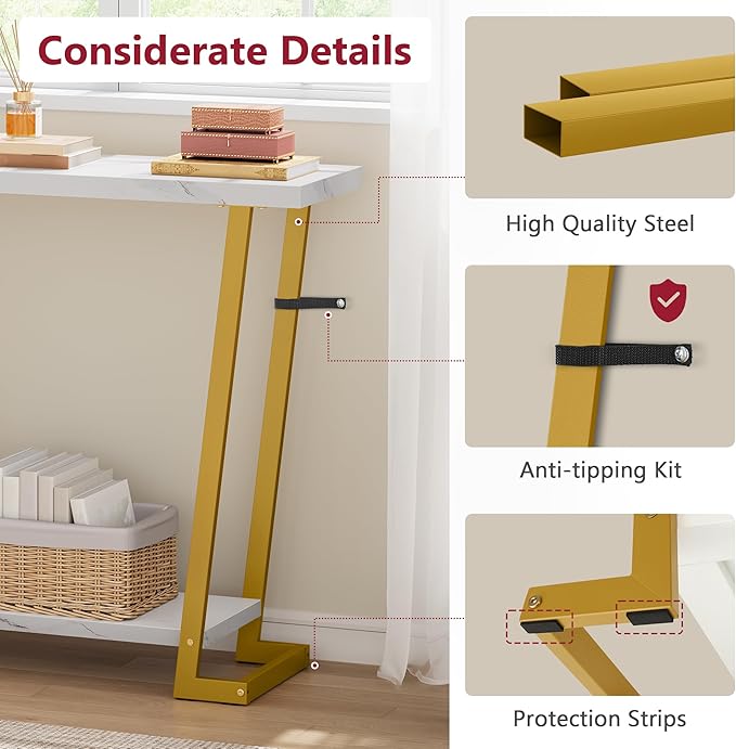 Tajsoon Narrow Console Table for Entryway 31.5'', 2 Tier Rustic Entryway Table with Open Shelves, Industrial Sofa Table with Gemometric Frame for Hallway, Living Room, Entrace, Gold & White
