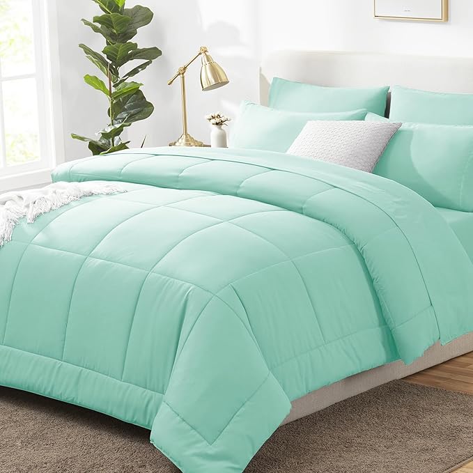 CozyLux King Size Comforter Set Mint Green, 7 Pieces Bed in a Bag, Green Comforter King Size, All Season Bedding Sets with Stitch Quilted Comforter, Flat Sheet, Fitted Sheet, Pillowcases