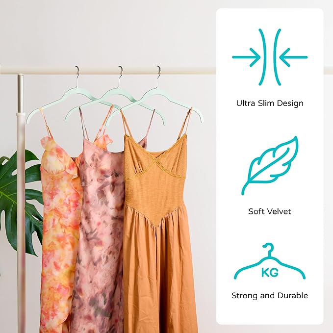 Velvet Hangers 50 Pack – Slim Non-Slip Flocked Hangers with Notches, Space-Saving Closet Organizer for Dresses, Blouses, Coats(Green)