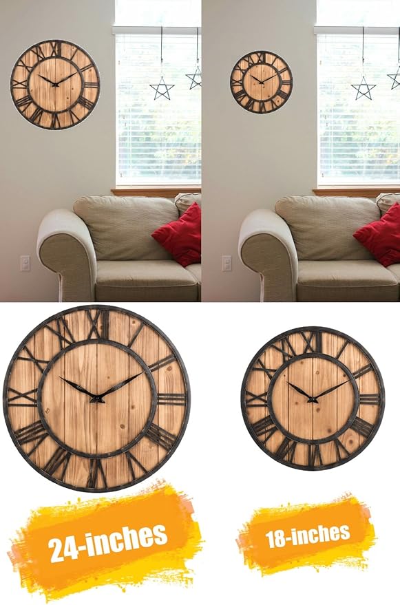 Oldtown Farmhouse Metal & Solid Wood Noiseless Wall Clock (Wood, 18-inch)