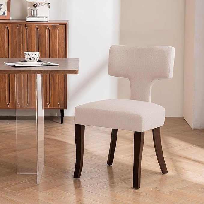 Mid Century Modern Dining Chairs Set of 4, Upholstered Side Dining Chairs with Curved Back Linen Fabric Armless Wood Chairs Kitchen & Dining Room Farmhouse Chairs (White)