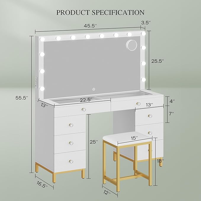DWVO White Vanity Desk with Mirror: Makeup Table Set with 14 LED Lights & Charging Station Magnifying Mirror, 3 Light Modes, 8 Drawers and Storage Stool