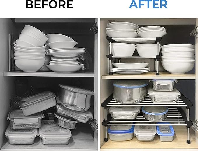 carrotez Cabinet Organizer Shelf, Set of 2 Stackable Kitchen Counter Shelves, Kitchen Cabinet Organizers and Storage, Pantry Storage Shelf Organizer, 15.7 x 7.8 x 6.1 - White