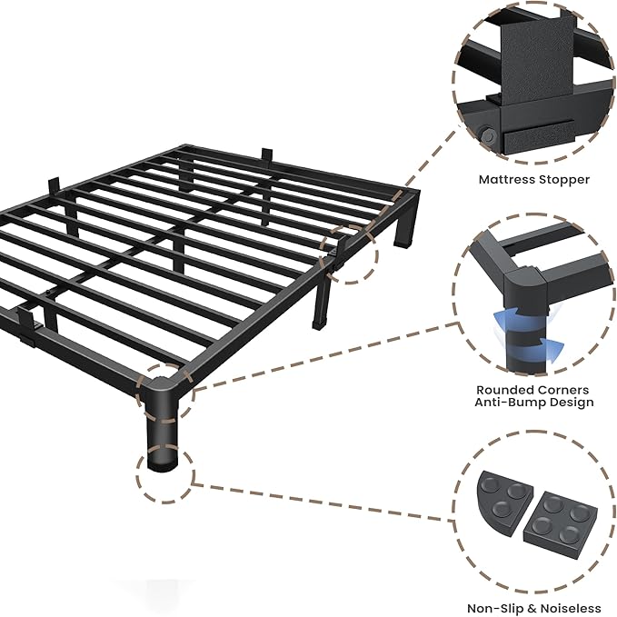 ROIL 4 inch King Size Bed Frame Metal Platform No Box Spring Needed with Round Corner Legs Mattress Stoppers Retainers 3500LBS Heavy Duty Steel Slats Noise-Free