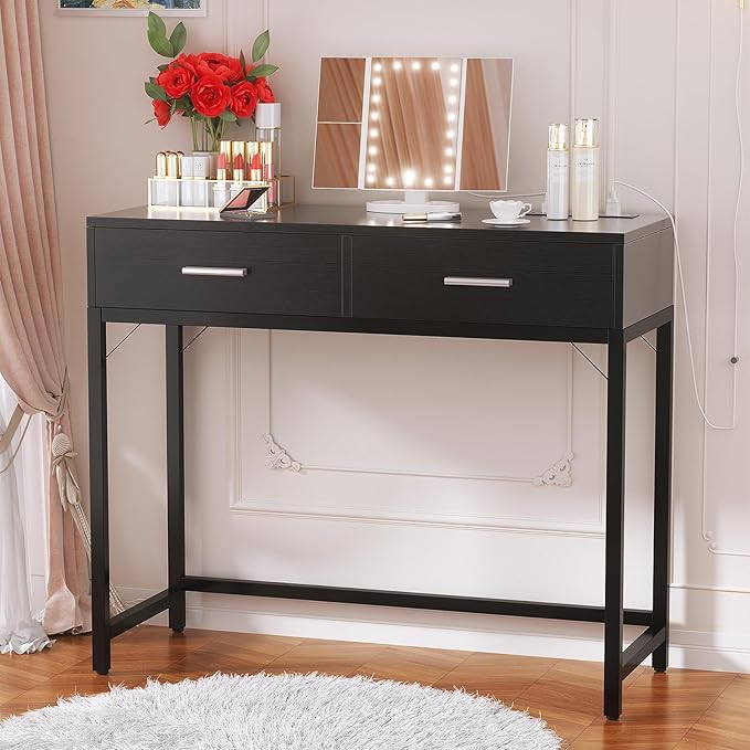 Cyclysio Vanity Desk with Mirror and Lights, 36'' Makeup Vanity Desk with Power Outlet, Small Vanities Set Dressing Table with Drawers for Bedroom, Black