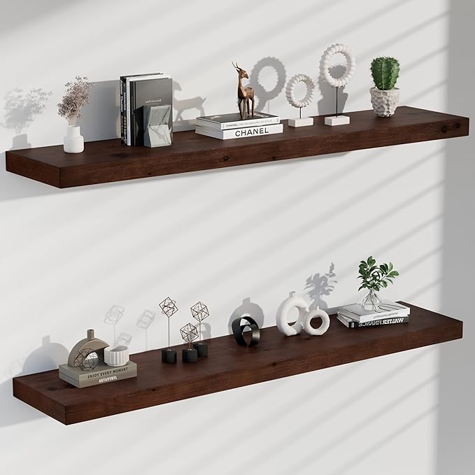 foxsky 48 Inch Solid Pine Wood Floating Shelves for Wall with Hidden Brackets, Rustic Farmhouse Wall Mounted Shelf for Bathroom, Living Room, Bedroom, Kitchen, Office Decor (Walnut)