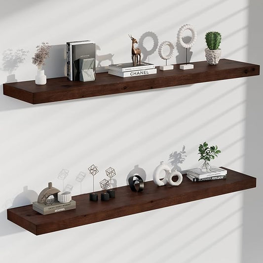 foxsky 48 Inch Solid Pine Wood Floating Shelves for Wall with Hidden Brackets, Rustic Farmhouse Wall Mounted Shelf for Bathroom, Living Room, Bedroom, Kitchen, Office Decor (Walnut)