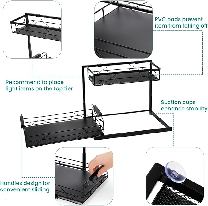 Pull Out Under Sink Organizer, 2 Tier Kitchen Cabinet Organizer with Suction Cups, PVC Mat, Sliding Drawer, Metal Cleaning Supplies Storage Shelf for Laundry, Pantry, Bathroom