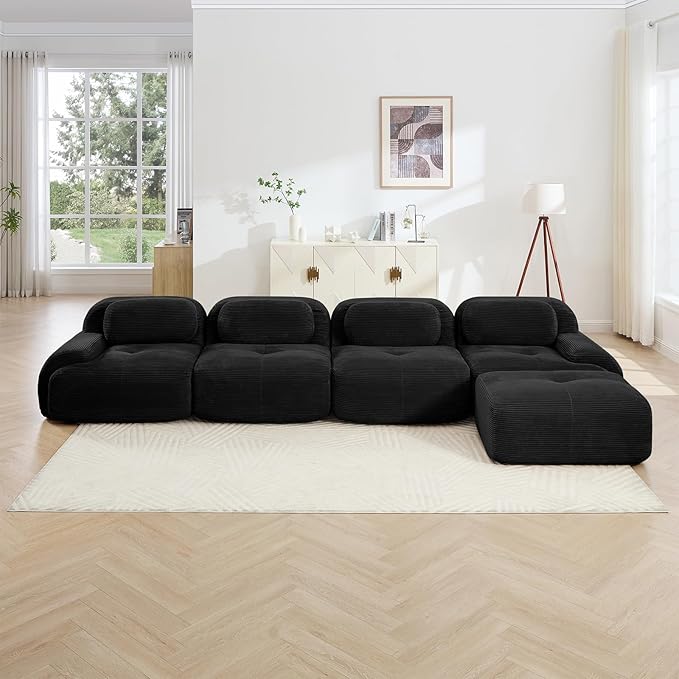 Black Ottoman for Modular Sectional Sofa, Corduroy Deep Seat for Oversized Compressed Boneless Sectional Couches for Living Room Bedroom Apartment, Cloud Sofa Couch Set, Memory Foam, No Assembly
