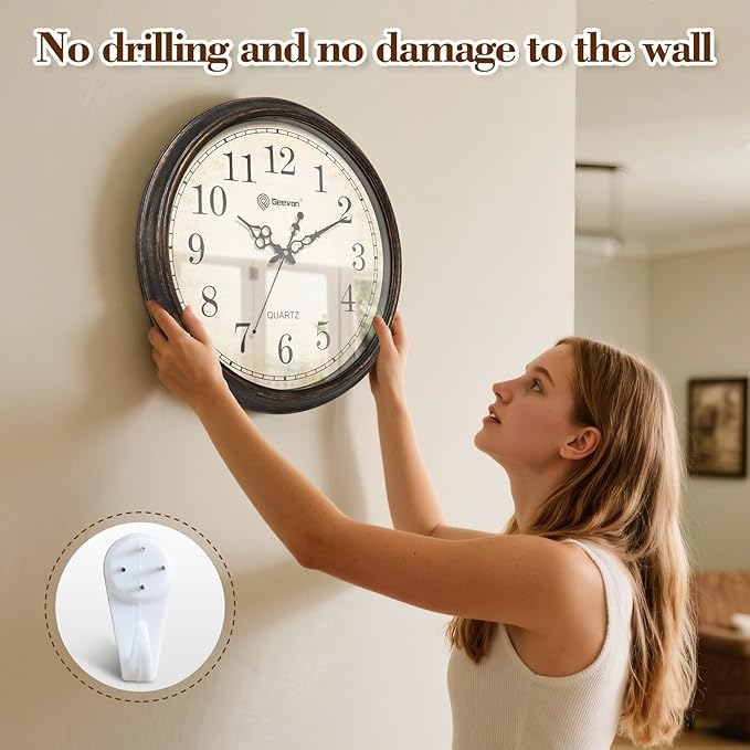Geevon Vintage Wall Clock, Silent 18" Non Ticking Retro Round Clock Quartz Decorative Battery Operated Wall Clock for Kitchen, Office, Bedroom, Living Room, Classroom, Decor