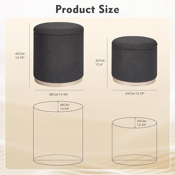PINPLUS Round Ottoman with Storage Set of 2, Storage Ottoman with Tray, Teddy Velvet Ottoman Storage Modern Multifunctional Foot Rest Stool for Bedroom, Living Room, Dorm (Dark Grey)