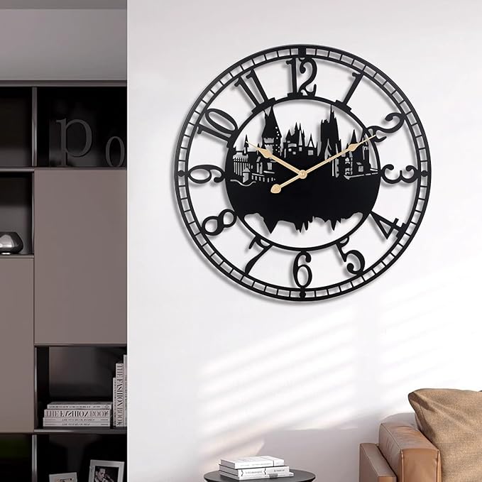 Wall Clocks for Living Room, Metal Black Castle with Metal Golden Retro Hands, Battery Operated Silent Non-Ticking Large Wall Clock for Bedroom Kitchen Living Room Home Decor,16x16Inch