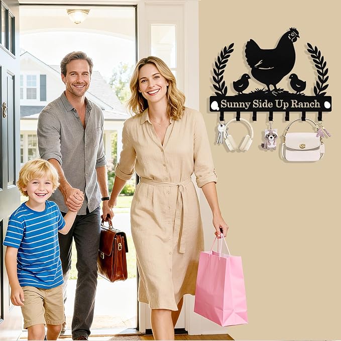 Personalized Chicken Key Holder Wall Mount, Custom Metal Key Holder for Wall with Name, Custom Keys Rack Hanger with Hooks for Entryway, Front Door, Hallway, Living Room, Kitchen