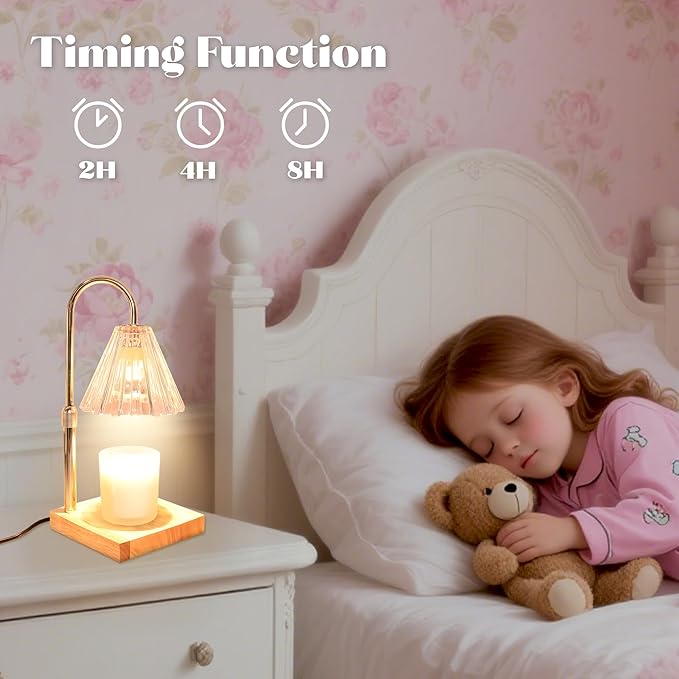 Candle Warmer Lamp with Timer Dimmable, Clear Wax Melt Warmer Adjustable Height Warmer Lamp for Jar Candles, Original Wood Base for Home Decor Birthday