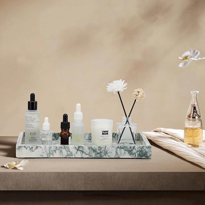 Marble Bathroom Tray,Pure Natural Vanity Tray,Marble Tray for Kitchen Counter Non-Ceramic/Non-Resin,Stone Trays 12 x 8 inch Cyan Green