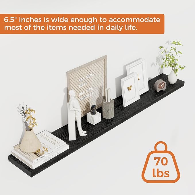 Fun Memories Floating Shelves for Wall, 48 Inch Floating Shelves for Home Decor, Wall Mounted Rustic Wood Shelves, Bathroom, Hanging Deep Shelf for Bedroom, Living Room, Kitchen (Black, Set of 2)