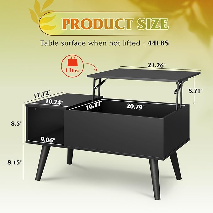 WLIVE Coffee Table for Living Room, Small Coffee Table with Storage, Lift Top Modern Wooden Dining Center Table with Storage Shelf & Hidden Compartment, 31.5" Black