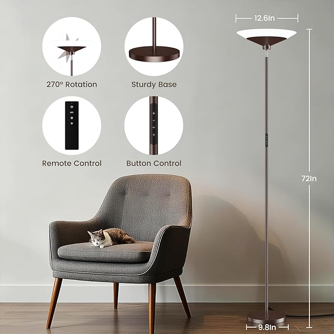 Brown Torchiere Floor Lamp - 30W Dimmable LED Standing Lamp with Remote, 4 Color Temps, Stepless Dimming, 3000-6500K, 1800LM, 72in Tall Floor Light for Office Bedroom Living Room Corner