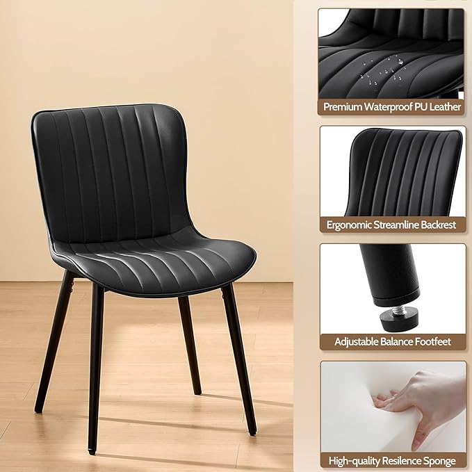 Modern Dining Chairs Set of 4, Heavy Duty Upholstered Side Chairs with Faux Leather, Comfortable Cushions & Durable Metal Legs with Adjustable Feet, Perfect for Kitchen, Dining Room (Black)
