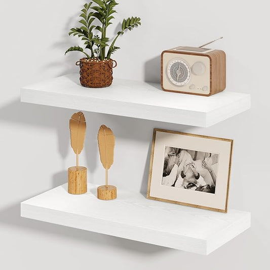 Fun Memories White Floating Shelves, 8 Inch Deep Wall Shelves Set of 2, Rustic Deep Shelves for Wall Storage, 24 x 8 Floating Shelves, 8" White Shelf for Bedroom, Living Room, Kitchen