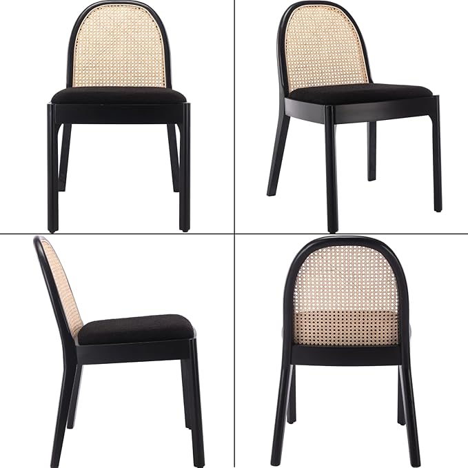 Mid Century Dining Chairs Set of 2, Accent Rattan Sherpa Fabric Side Chairs Kitchen Chair with Solid Wooden Legs for Living Room Dining Room, Black