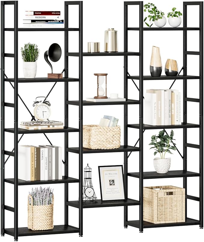 NUMENN Triple Column 5 Tier Bookshelf, Bookcase with 14 Open Display Shelves, Adjustable Rustic Industrial Style Book Shelves, Modern Bookshelves for Bedroom, Living Room and Home Office, Black