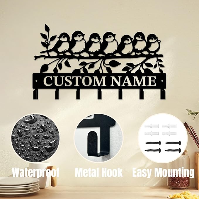 Personalized Custom Name Birds of Trees Wall Key Hooks,Metal Birds of Trees Art Clothes Hooks,Metal Birds of Trees Wall Home Storage Decorative,For Front Door, Hallway, Kitchen, Bedroom (Style C)