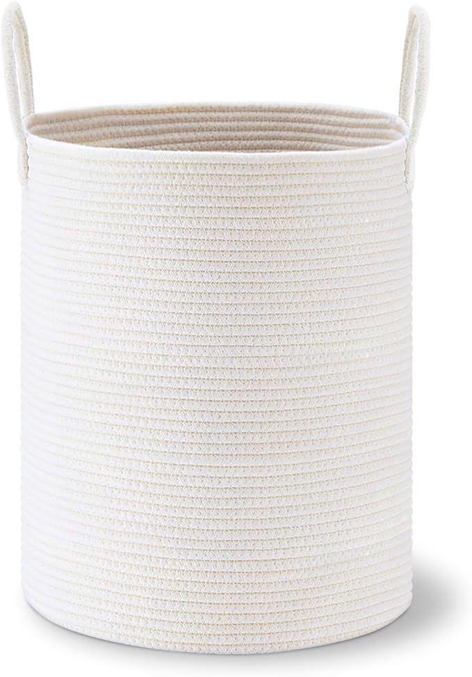 VIPOSCO Large Laundry Hamper, Tall Woven Rope Storage Basket for Blanket, Toys, Dirty Clothes in Living Room, Bathroom, Bedroom - 53L White