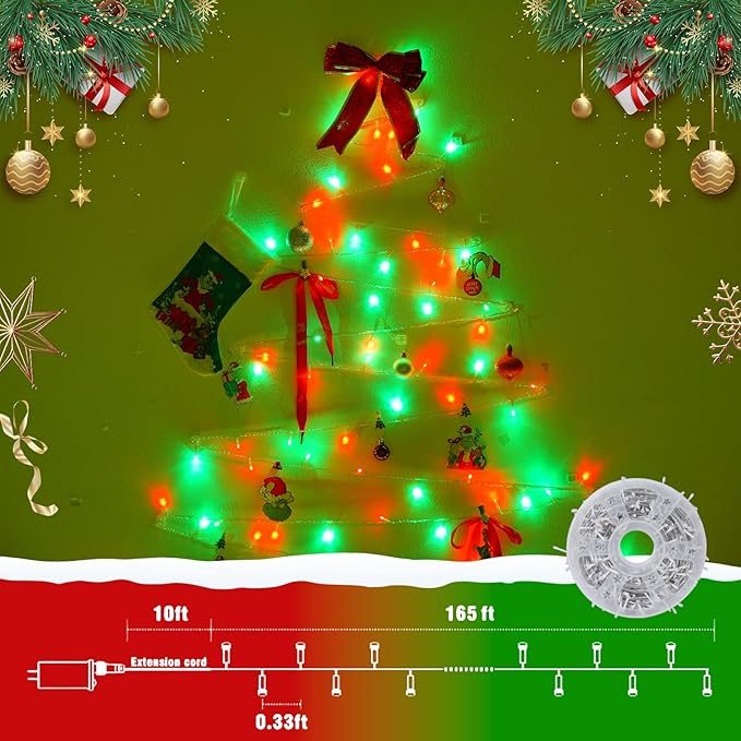 QITONG Red and Green Christmas Light Outdoor Waterproof, 165ft 500 LED Clear Wire String Lights Indoor, 8 Modes Christmas Tree Light Plug-in