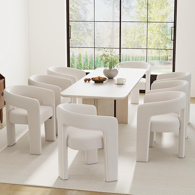 Modern Barrel Dining Chairs Set of 8, Velvet Upholstered Accent Side Chair with Arms Comfy Makeup Vanity Chairs, Dining Living Room Kitchen Chairs, Beige