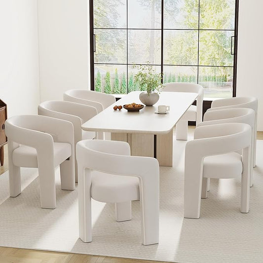 Modern Barrel Dining Chairs Set of 8, Velvet Upholstered Accent Side Chair with Arms Comfy Makeup Vanity Chairs, Dining Living Room Kitchen Chairs, Beige