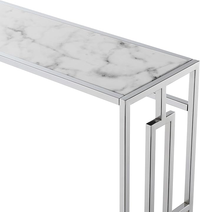 Town Square Chrome Console Table with Shelf, White Faux Marble/Chrome