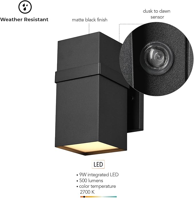 GLOBE Electric 60000180 9W LED Integrated Dusk to Dawn Outdoor Wall Sconce, Matte Black, 500 Lumens, 2700 Kelvin, 80 CRI
