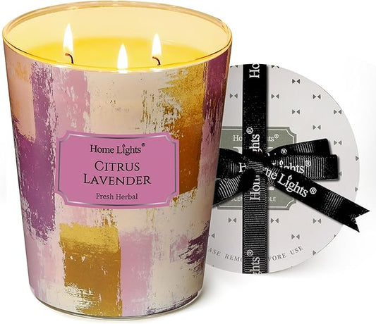 HomeLights Citrus Lavender Scented Candles | 34oz Soy Candles Scandinavian Minimalist Design 3-Wick Large Candle Jars | Ideal Candle Gifts for Events, Home Decor Stress, Relief & Relaxation
