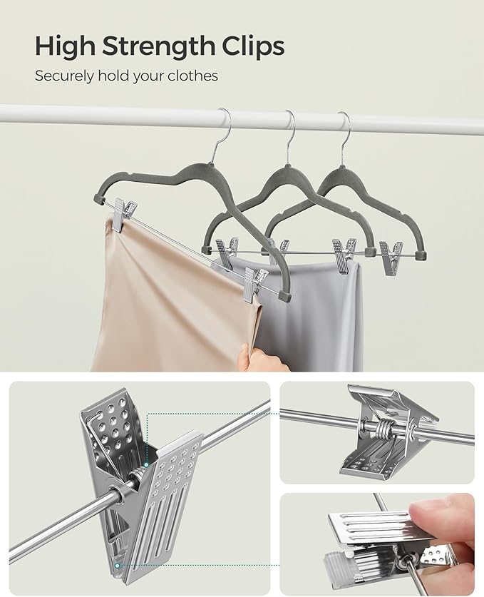 SONGMICS 20-Pack Pants Hangers, 16.7-Inch Long Velvet Hangers with Adjustable Clips, Heavy-Duty, Non-Slip Skirt Hangers, Space-Saving for Pants, Skirts, Coats, Dresses, Gray UCRF012G20